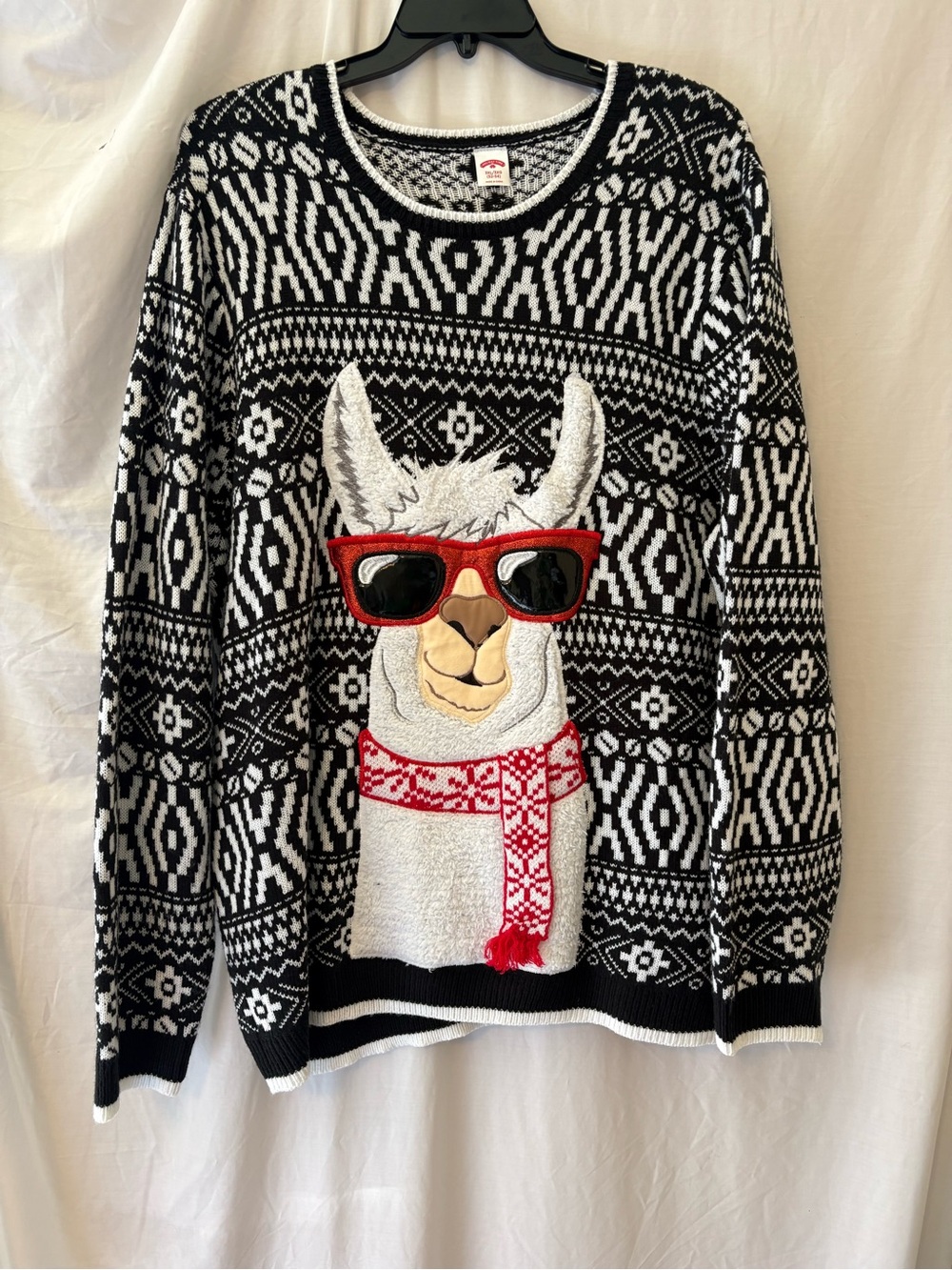 Holiday Time Men's Black & White Llama Crewneck Sweater with Red Accents